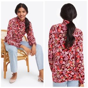 Draper James Flowering Vine Knit Turtleneck Balloon Sleeve Blouse Pink Red